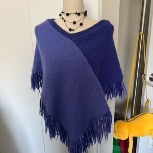 American Vintage Blue colorblock Fringed Poncho